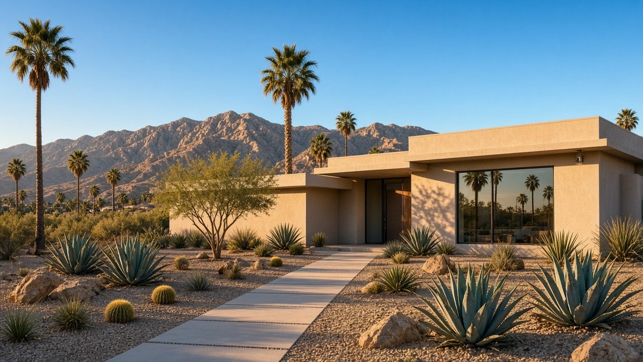 Illustrative desert home with palms and mountain views