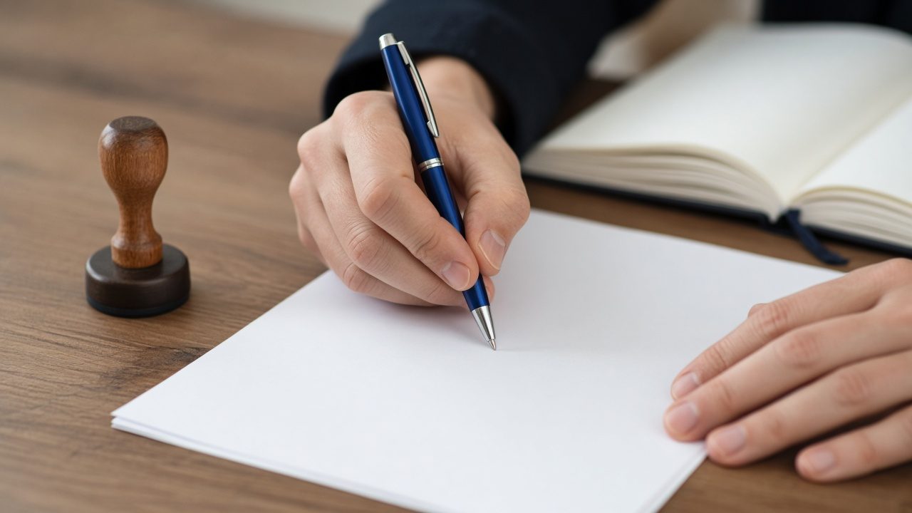 Escena ilustrativa de manos firmando un documento